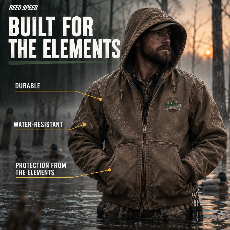 Hunter wearing the Duck Canvas Wax Jacket in a flooded timber duck hole in the rain