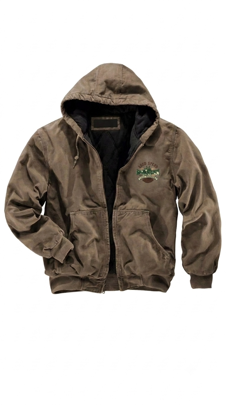 Duck Canvas Wax Jacket front view with quilted lining, hood and Reed Speed chest patch